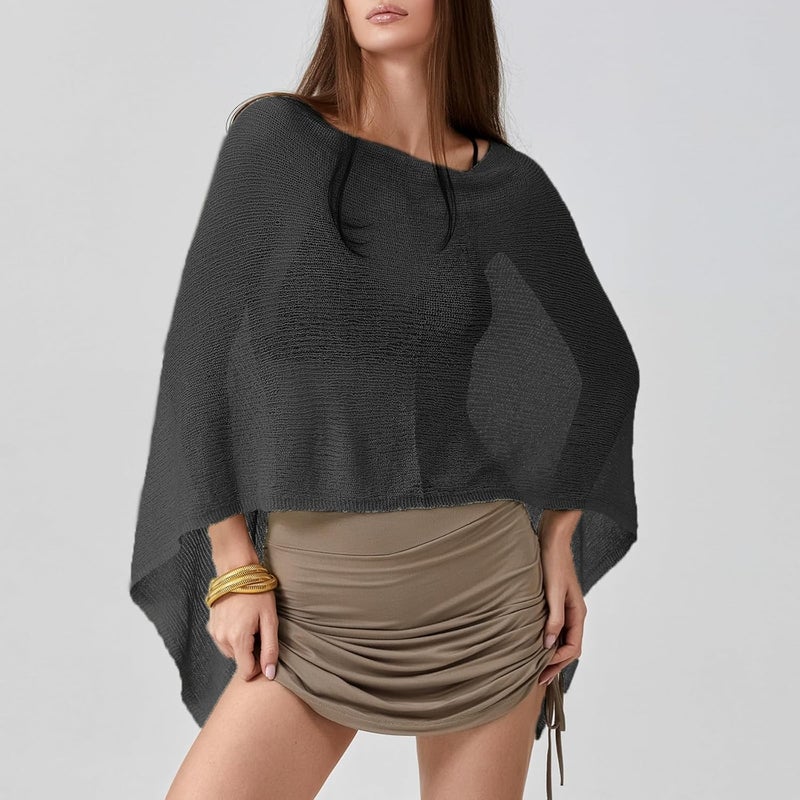 Argeousgor Women Sheer Poncho Top Lightweight Knit Crochet Shrug Bolero Mesh Batwing Sleeve Sweater Cover Up Beachwear - Image 2